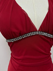 Burgundy A-line Halter V Neck Chiffon Backless Prom Dress,Bridesmaid Dress With Ankle Length ED01515