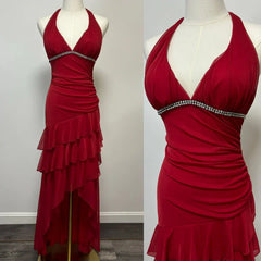 Burgundy A-line Halter V Neck Chiffon Backless Prom Dress,Bridesmaid Dress With Ankle Length ED01515