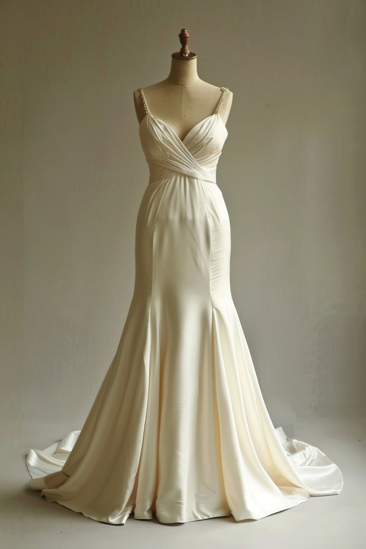 Elegant Champagne Mermaid Satin V-neck Long Prom Dress Spaghetti Strap Beaded Wedding Dress ED01516