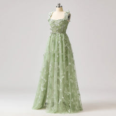 Sage Green A-Line Tulle Spaghetti Straps 3D Butterfly Long Prom Dress Sweet Adult Graduation Prom Dress  ED01518