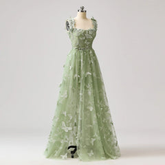 Sage Green A-Line Tulle Spaghetti Straps 3D Butterfly Long Prom Dress Sweet Adult Graduation Prom Dress  ED01518