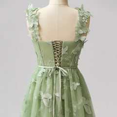 Sage Green A-Line Tulle Spaghetti Straps 3D Butterfly Long Prom Dress Sweet Adult Graduation Prom Dress  ED01518