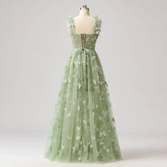 Sage Green A-Line Tulle Spaghetti Straps 3D Butterfly Long Prom Dress Sweet Adult Graduation Prom Dress  ED01518