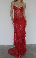 Red Mermaid Spaghetti Straps Tulle Lace Long Prom Dress Sexy Birthday Dress  ED01519