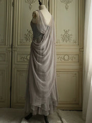 Chiffon Spaghetti Straps Transparent Beads Sweetheart Neck Grey Long Prom Dress  ED01520