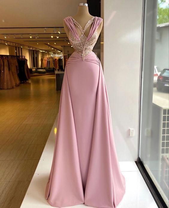 Pink V-neck Fitted Satin Lace Long Prom Dress  ED01521