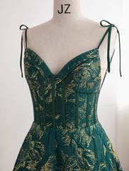 Dark Green A-line Spaghetti Strap Satin Long Prom Dress Sweetheart Neckline Retro Bridal Dress  ED01523