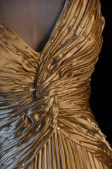 Gold A-line Spaghetti Straps Satin Beaded Long Prom Dress V-neck Retro Evening Dress ED01524