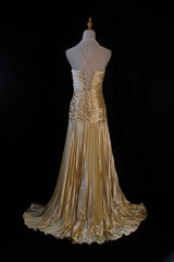 Gold A-line Spaghetti Straps Satin Beaded Long Prom Dress V-neck Retro Evening Dress ED01524