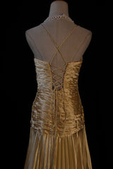 Gold A-line Spaghetti Straps Satin Beaded Long Prom Dress V-neck Retro Evening Dress ED01524