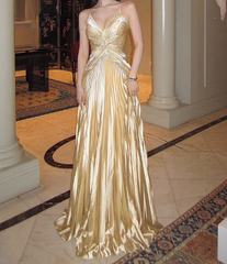 Gold A-line Spaghetti Straps Satin Beaded Long Prom Dress V-neck Retro Evening Dress ED01524