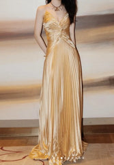 Gold A-line Spaghetti Straps Satin Beaded Long Prom Dress V-neck Retro Evening Dress ED01524