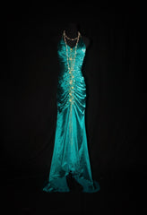 Turqoise Mermaid Halter Satin Beaded Long Prom Dress Retro V-neck Rhinestone Evening Gown ED01525