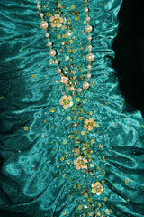 Turqoise Mermaid Halter Satin Beaded Long Prom Dress Retro V-neck Rhinestone Evening Gown ED01525