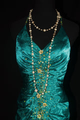 Turqoise Mermaid Halter Satin Beaded Long Prom Dress Retro V-neck Rhinestone Evening Gown ED01525