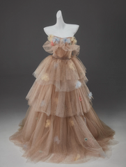 Champagne A-Line Off Shoulder Tulle Sequin Long Ball Dress Cute Layered Dress ED01526