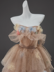 Champagne A-Line Off Shoulder Tulle Sequin Long Ball Dress Cute Layered Dress ED01526