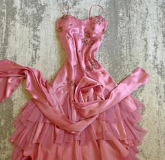 Gorgeous  A-line Pink Spaghetti Strap Satin Applique Retro Prom Dress Birthday Party Dress ED01528