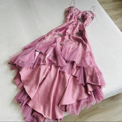 Gorgeous  A-line Pink Spaghetti Strap Satin Applique Retro Prom Dress Birthday Party Dress ED01528