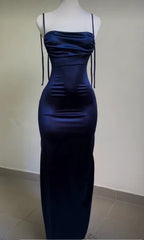 Navy Blue Spaghetti Strap Satin Bodycon Elegant Prom Dress Evening Dress ED01531
