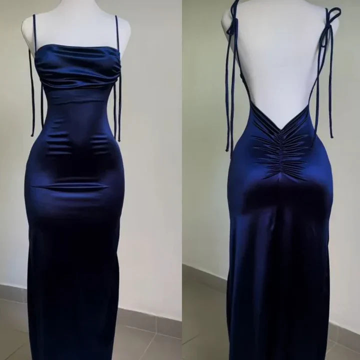 Navy Blue Spaghetti Strap Satin Bodycon Elegant Prom Dress Evening Dress ED01531