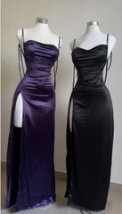 Navy Blue Spaghetti Strap Satin Bodycon Elegant Prom Dress Evening Dress ED01531