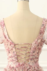 Pink A-line Tulle Pleated Floral Long Prom Dress Adult Ceremony Graduation Prom Dress ED01533