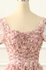 Pink A-line Tulle Pleated Floral Long Prom Dress Adult Ceremony Graduation Prom Dress ED01533