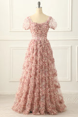Pink A-line Tulle Pleated Floral Long Prom Dress Adult Ceremony Graduation Prom Dress ED01533