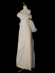 Light Yellow A-line Satin Off-shoulder Tulle Long Prom Dress Graduation Prom Dress Wedding Dress ED01536