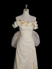 Light Yellow A-line Satin Off-shoulder Tulle Long Prom Dress Graduation Prom Dress Wedding Dress ED01536