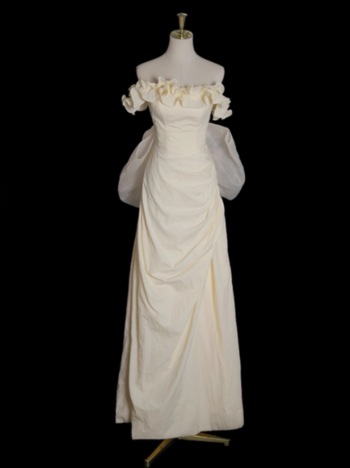 Light Yellow A-line Satin Off-shoulder Tulle Long Prom Dress Graduation Prom Dress Wedding Dress ED01536