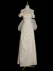 Light Yellow A-line Satin Off-shoulder Tulle Long Prom Dress Graduation Prom Dress Wedding Dress ED01536