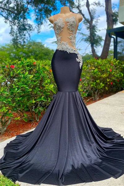 Black Mermaid V-neck Appliques Lace Sequined Long Prom Dress ED01537