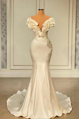 Classic White Mermaid V-neck Satin Pearl Ruffle Long Prom Dress Elegant Evening Dress ED01538