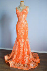 Orange Mermaid Spaghetti Straps Sequins Applique Long Prom Dress Tulle Evening Dress ED01539