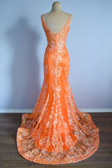 Orange Mermaid Spaghetti Straps Sequins Applique Long Prom Dress Tulle Evening Dress ED01539