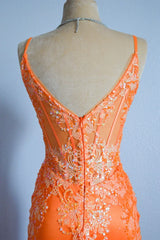 Orange Mermaid Spaghetti Straps Sequins Applique Long Prom Dress Tulle Evening Dress ED01539