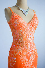 Orange Mermaid Spaghetti Straps Sequins Applique Long Prom Dress Tulle Evening Dress ED01539