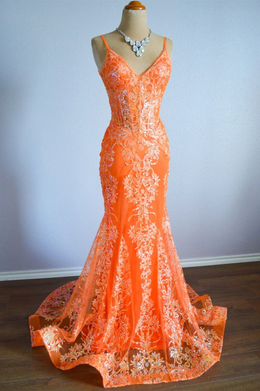 Orange Mermaid Spaghetti Straps Sequins Applique Long Prom Dress Tulle Evening Dress ED01539