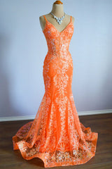 Orange Mermaid Spaghetti Straps Sequins Applique Long Prom Dress Tulle Evening Dress ED01539