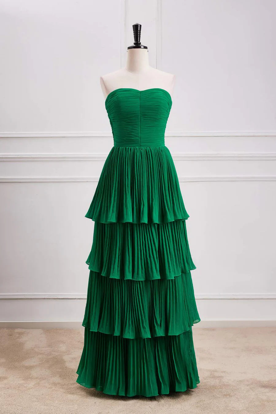 Hunter Green A-line Chiffon Strapless Layers Long Prom Dress Formal Evening Dress ED01540