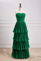Hunter Green A-line Chiffon Strapless Layers Long Prom Dress Formal Evening Dress ED01540