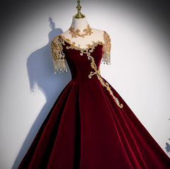 Burgundy A-line Velvet Beaded Sequined Long Prom Dress with Gold Appliques Formal Evening Gown ED01541