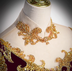 Burgundy A-line Velvet Beaded Sequined Long Prom Dress with Gold Appliques Formal Evening Gown ED01541