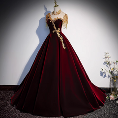 Burgundy A-line Velvet Beaded Sequined Long Prom Dress with Gold Appliques Formal Evening Gown ED01541