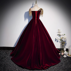 Burgundy A-line Velvet Beaded Sequined Long Prom Dress with Gold Appliques Formal Evening Gown ED01541
