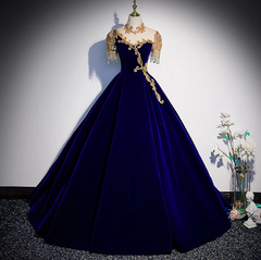 Burgundy A-line Velvet Beaded Sequined Long Prom Dress with Gold Appliques Formal Evening Gown ED01541
