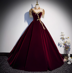 Burgundy A-line Velvet Beaded Sequined Long Prom Dress with Gold Appliques Formal Evening Gown ED01541