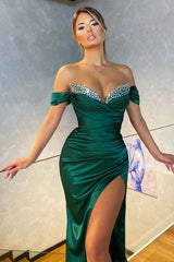 Dark Green  Mermaid Off-the-shoulder Sparkle Beaded Long Prom Dress with Slit ED01546